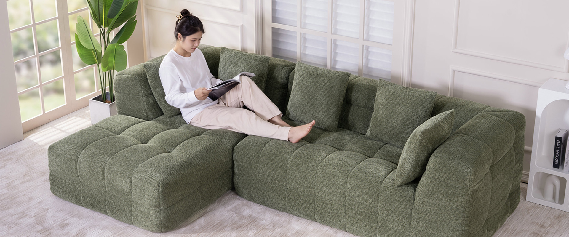 Warm modern living room with a soft sofa
